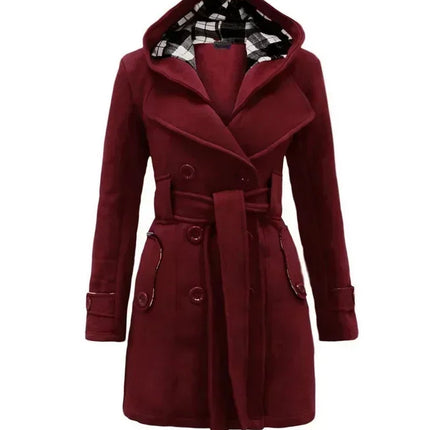 2026 Autumn Women's Hooded Overcoat Trend Double-Breasted Design Belt Side Pockets Plaid Splice Woolen Coats Winter Jacket Femme