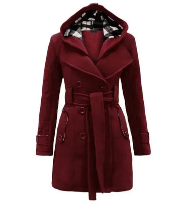 2026 Autumn Women's Hooded Overcoat Trend Double-Breasted Design Belt Side Pockets Plaid Splice Woolen Coats Winter Jacket Femme