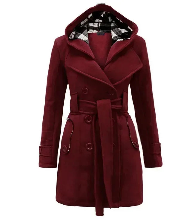 2026 Autumn Women's Hooded Overcoat Trend Double-Breasted Design Belt Side Pockets Plaid Splice Woolen Coats Winter Jacket Femme