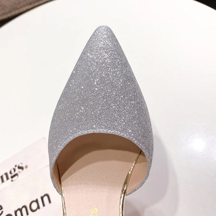 Bling Gold Silver Women Pumps 2023 Sexy Point Toe Thin Heel Party Wedding Shoes Womens Summer Ankle Strap 8cm High Heels Shoes PlatiNum