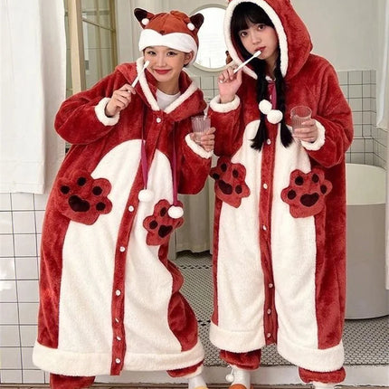 Cartoon Animal Fox Pajamas Women's Winter Coral Fleece Thickened One-Piece Plush Cute Long Hooded Plus Size Robe Home Wear
