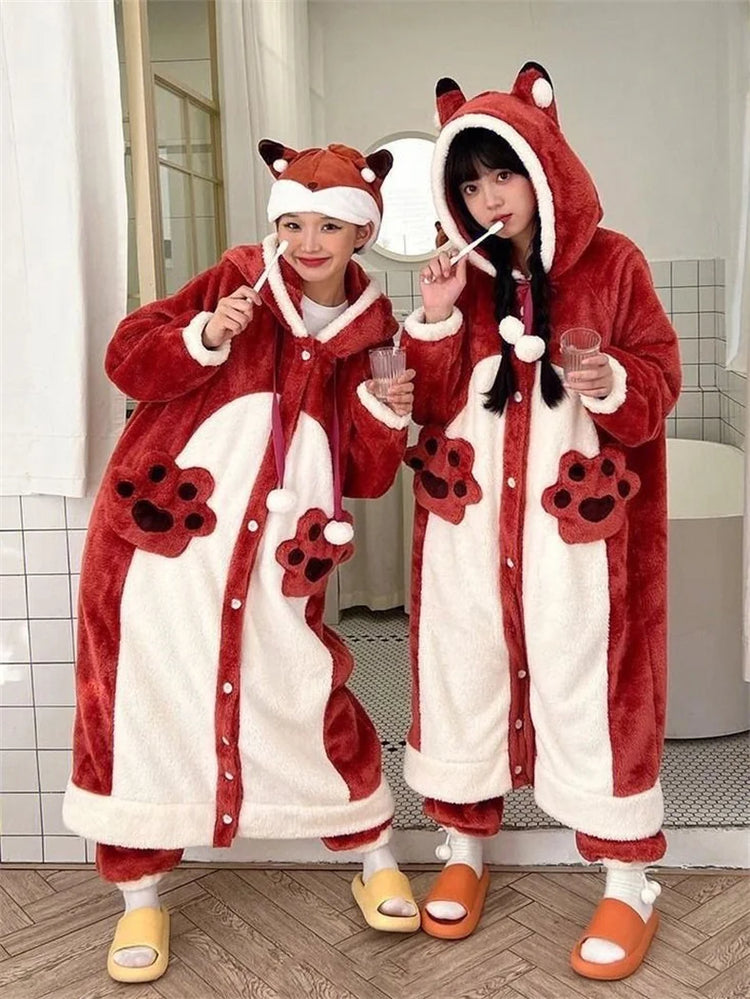 Cartoon Animal Fox Pajamas Women's Winter Coral Fleece Thickened One-Piece Plush Cute Long Hooded Plus Size Robe Home Wear
