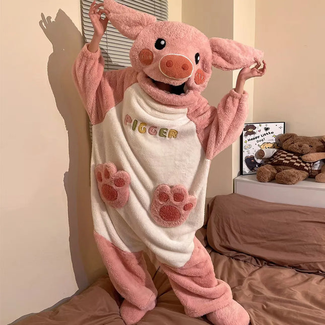 Women Pink Pig Hooded Onesie Pajamas Fluffy Flannel Jumpsuit Warm Winter Loungewear Unisex Home Sleepwear Halloween Cosplay