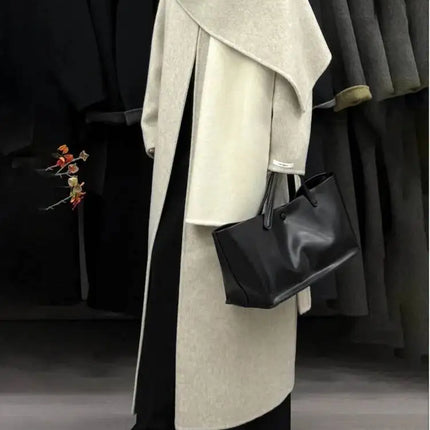 DFDG Woman's Cowl-neck Pure Color Versatile Patchwork Two-color Design 2025 Spring New Style Loose High-quality Long Coat