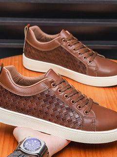 Men Low Top Leather Casual Shoes Lace-up Fashion Sneakers Black Embossed Plaid Upper Non Slip Flat Daily Wear Board Footwear