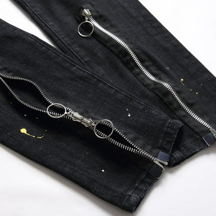 New Fashion Men Black Ripped Denim Jeans talian High Street Style Denim Pants High Quality Male Slim Fit Denim Trousers Size 38 PlatiNum