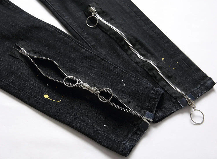 New Fashion Men Black Ripped Denim Jeans talian High Street Style Denim Pants High Quality Male Slim Fit Denim Trousers Size 38 PlatiNum