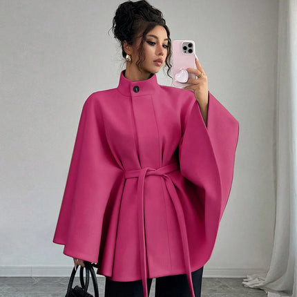 Wool Coat Women Autumn Winter Woolen Jacket Batwing Sleeve Button Lace Up Blends Turtleneck Overcoat Office Lady Outerwear