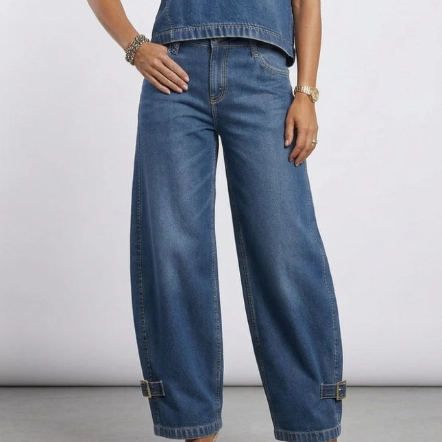 Jeans a Vita Alta e Gamba Larga da Donna, Estate 2026, Stile Retrò Streetwear, Pantaloni in Denim con Fibbie, Casual per il Quotidiano