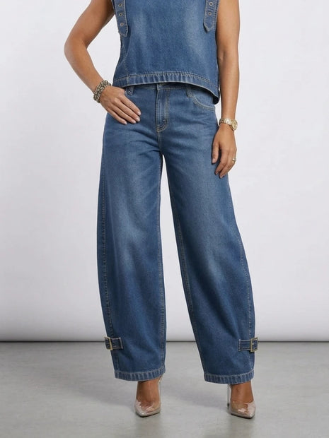 Women's High-Waisted Wide-Leg Jeans, Summer 2026, Retro Streetwear Style, Denim Pants with Buckles, Casual for Everyday