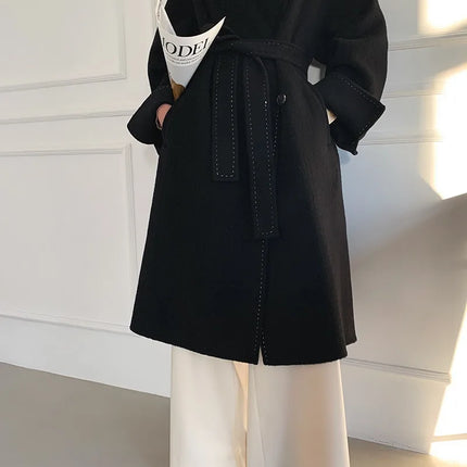New Solid Korean Style Women Wool Coat Arch Needle Large Neck Versatile Fashion Texture Double Sided Trench Coats Female Winter