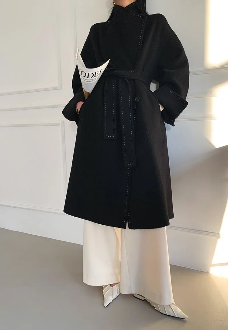 New Solid Korean Style Women Wool Coat Arch Needle Large Neck Versatile Fashion Texture Double Sided Trench Coats Female Winter