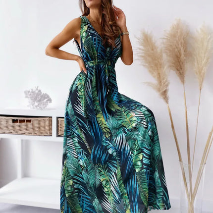 Abito da spiaggia da donna senza schienale con allacciatura Abito da spiaggia sexy con scollo a V Boho Abiti lunghi estivi Elegante stampa senza maniche Lady Maxi Dress Vestidos