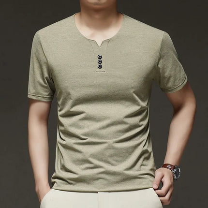 2025 New Men's Business Casual Three Button V-neck Short Sleeved T-shirt Korean Style Summer Comfortable Versatile Top PlatiNum