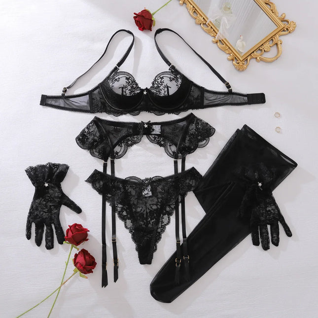 Willowy Women's Lingerie Delicate Sets Romantic Honey Bra Belt Panty 3PC with Gloves Stockings Seductive Sweet Star Underwear