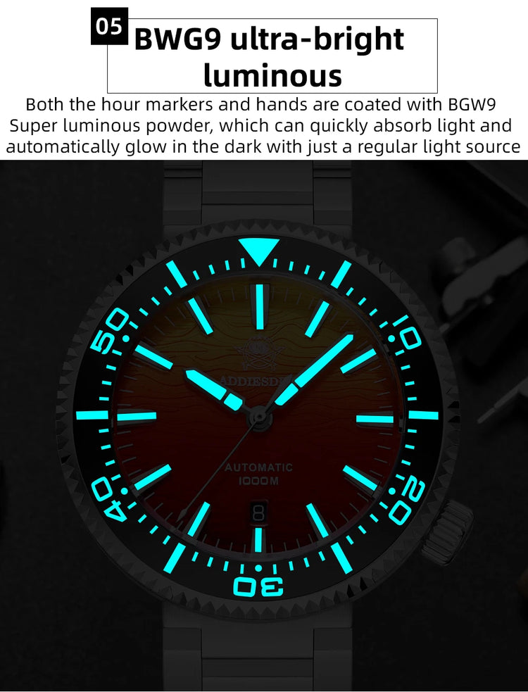 ADDIESDIVE 1000m Waterproof Diver Watches Sapphire Glass Automatic Mechanical Watches Super Luminous AD2526 Gradient Wristwatch