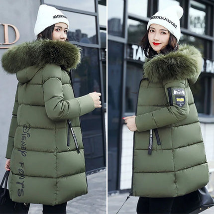 Women Winter Fur Collar Hooded Parka Coats Fashion Letter Patch Zipper Long Jacket Elegant Slim Warm Thick Female Snow Outerwear