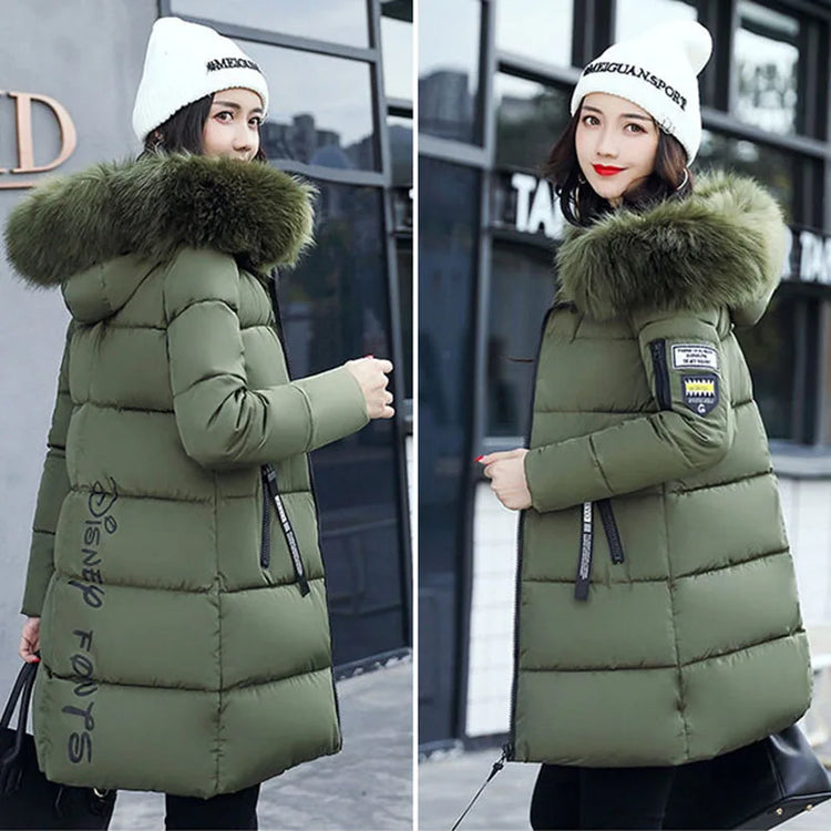 Women Winter Fur Collar Hooded Parka Coats Fashion Letter Patch Zipper Long Jacket Elegant Slim Warm Thick Female Snow Outerwear