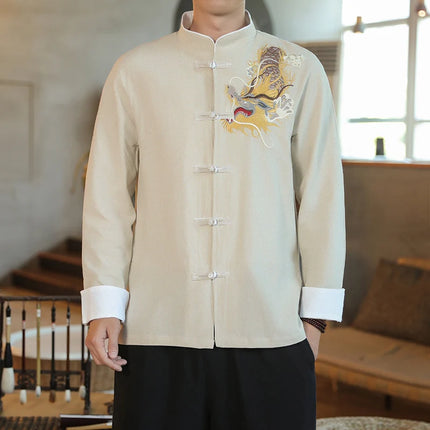 Camicie da Uomo a Maniche Lunghe in Stile Cinese, Ricamate, per Kung Fu e Tai Chi, Cardigan Retrò in Lino, Abito Tradizionale Tang, Top Tradizionale da Uomo