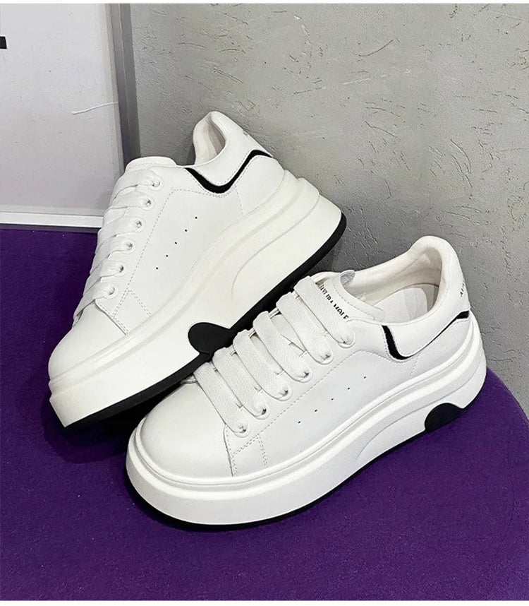 ZXRYXGS 2025 Spring Genuine Leather  Breathable Comfortable Shoes Woman New Thick Sole Wedges Increase Casual Sneakers White