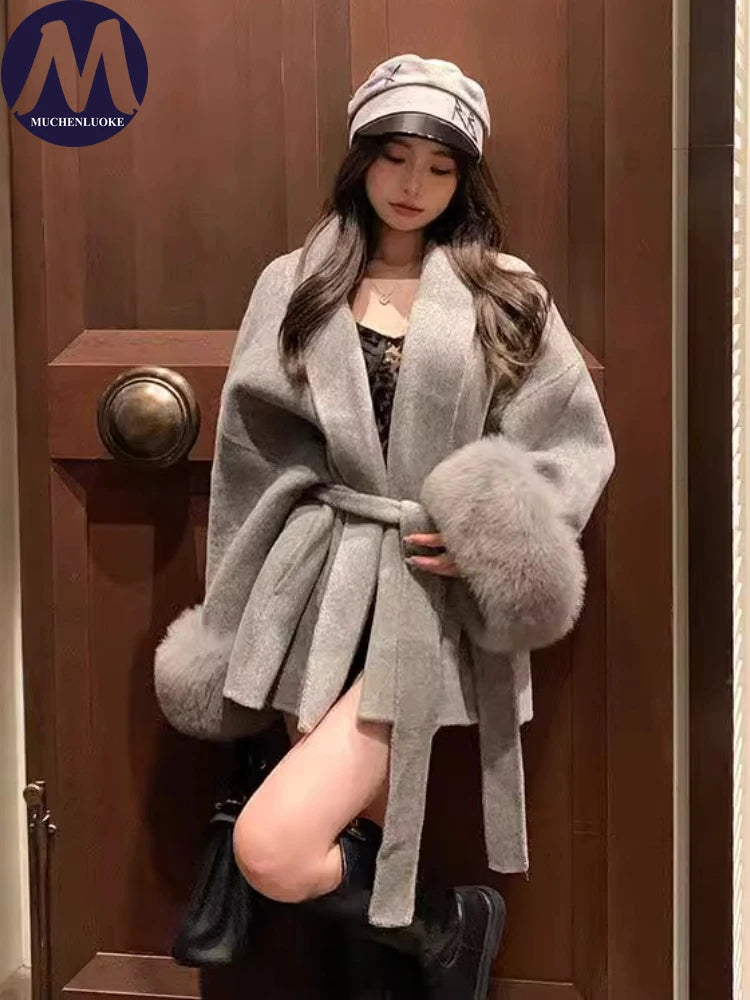 Coats for Women Autumn Winter New Elegant Long Sleeves V Neck Lace Up Woolen Coat Korean Fashion Casual Loose Street Trends Coat