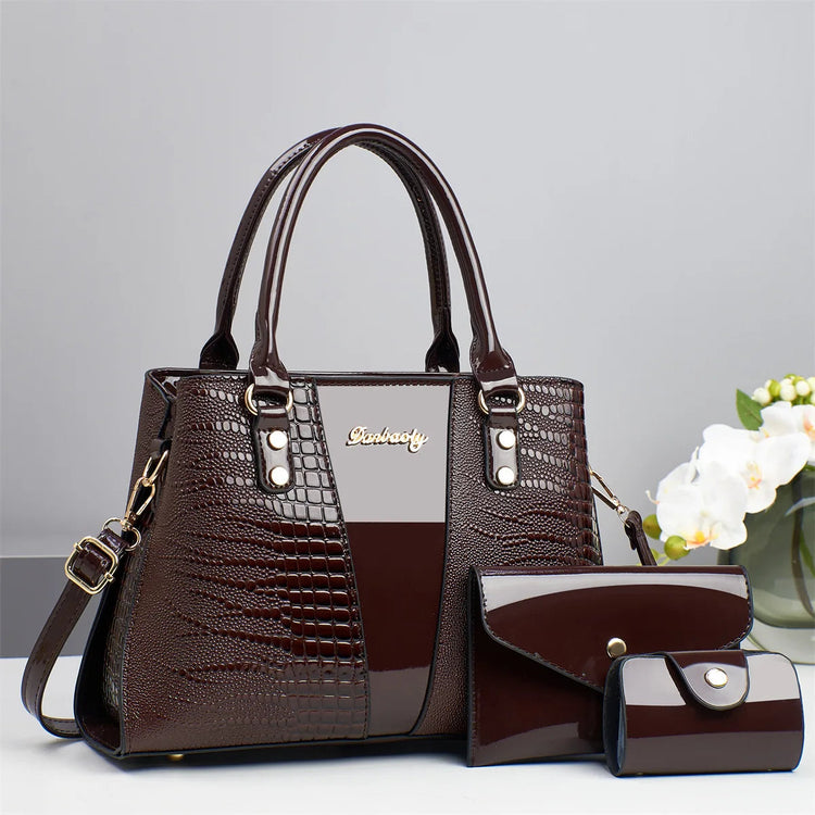 Large Capacity Crocodile Pattern Mother-Daughter Handbag Set Women's Shoulder Bag Fashionable PU Material Autumn Winter Bag PlatiNum