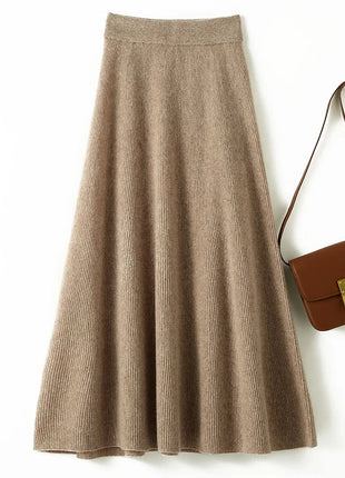 Chic New Women 100% Merino Wool Knitted A Line Skirt Solid Color Autumn Winter High Waist Preppy Style Soft Wool Midi Skirt PlatiNum