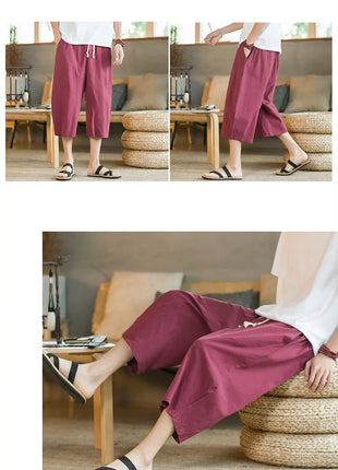 Pantaloni di lino da uomo in stile cinese Pantaloni a gamba larga da uomo con cavallo basso Pantaloni da uomo HipHop Pantaloni al polpaccio Pantaloni da pista Streetwear