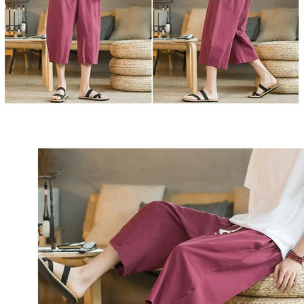 Pantaloni di lino da uomo in stile cinese Pantaloni a gamba larga da uomo con cavallo basso Pantaloni da uomo HipHop Pantaloni al polpaccio Pantaloni da pista Streetwear