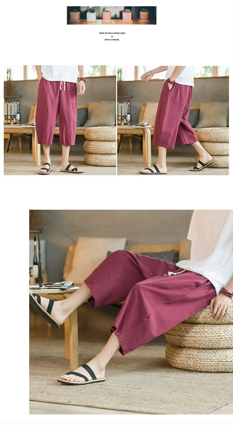 Pantaloni di lino da uomo in stile cinese Pantaloni a gamba larga da uomo con cavallo basso Pantaloni da uomo HipHop Pantaloni al polpaccio Pantaloni da pista Streetwear