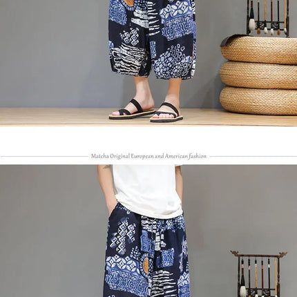 Pantaloncini da uomo estivi Pantaloni larghi casual comodi in cotone Pantaloni tradizionali al polpaccio retrò Pantaloncini traspiranti da uomo Streetwear