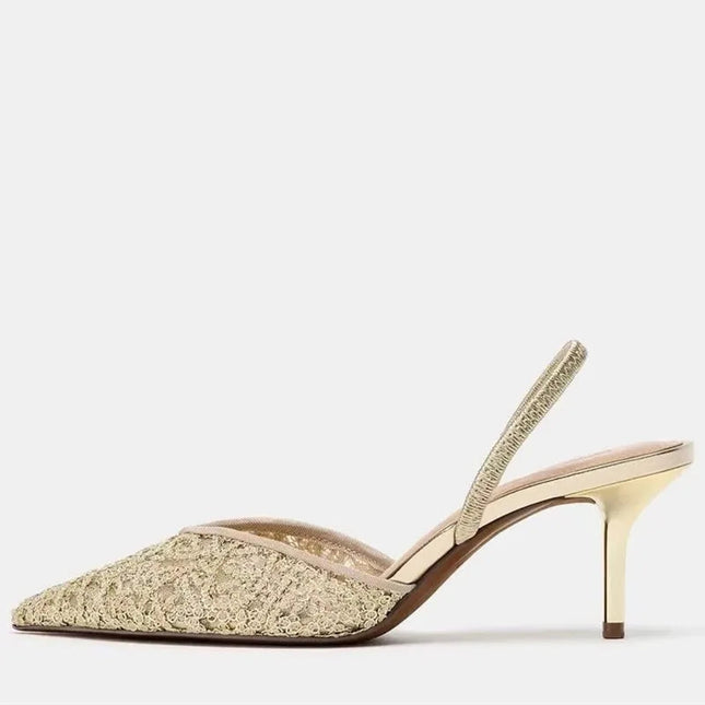 Gold Mesh Embroidered Floral Design Mules Sandals Women Sexy Pointed-Toe Back Strap High Heels for Ladies Elegant Party Shoes PlatiNum