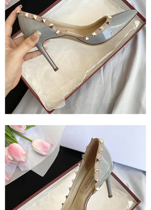 scarpe da donna di marca di lusso Sandali da donna Rivetti estivi Tacchi alti Lato vuoto Scarpe da donna da ballo in pelle moda femminile da donna