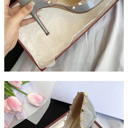 scarpe da donna di marca di lusso Sandali da donna Rivetti estivi Tacchi alti Lato vuoto Scarpe da donna da ballo in pelle moda femminile da donna