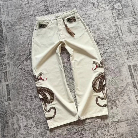 Jeans Streetwear Retrò con Ricamo Boa e Stampa Pitone, Pantaloni in Denim con Tasche, Tendenza Y2K, Unisex, Gamba Dritta e Vestibilità Ampia