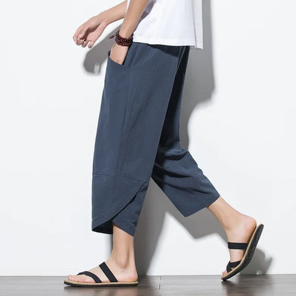 Pantaloni Estivi da Uomo 2026 Stile Cinese in Cotone e Lino, Pantaloni Harem Traspiranti da Spiaggia, Pantaloni Casual a Tre Quarti, Streetwear