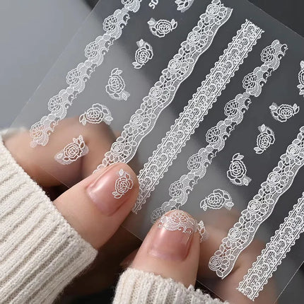 2pcs Y2K White Lace 5D Nail Art Stickers White Embossed Flowers Petals Elegant French Decals Wedding Nails Manicure Decorations
