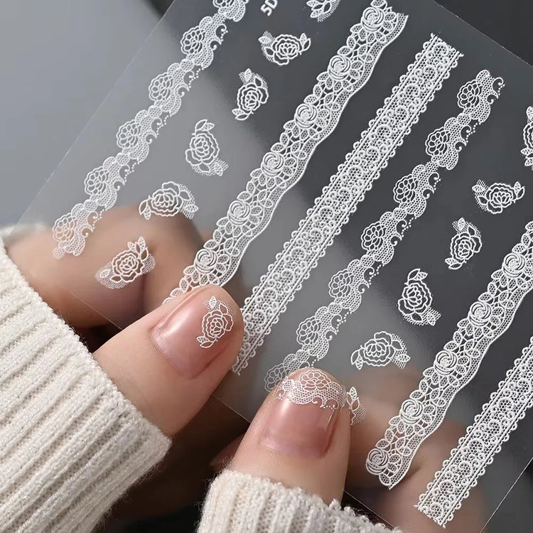2pcs Y2K White Lace 5D Nail Art Stickers White Embossed Flowers Petals Elegant French Decals Wedding Nails Manicure Decorations