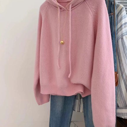 Hooded loose pullover 100%cashmere sweater  versatile solid-color wool knitted base layer for women 2025 new autumn and winter PlatiNum