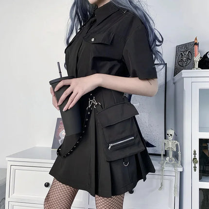 Harajuku Punk gotico nero a vita alta gonne nere donne Sexy Patchwork fasciatura Mini gonna nera Streetwear femminile