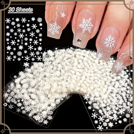 30Pcs Christmas 3D Nail Art Stickers Decals Self‑Adhesive Cartoon Snowflake Snowman Nail Art Supplies for Women Manicure Decorations