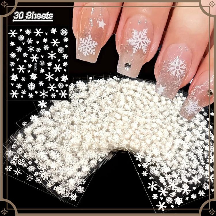 30Pcs Christmas 3D Nail Art Stickers Decals Self‑Adhesive Cartoon Snowflake Snowman Nail Art Supplies for Women Manicure Decorations