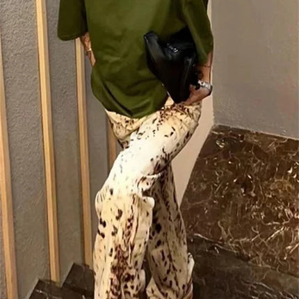 Jeans dritti a gamba larga con stampa leopardata Jeans retrò a vita alta da donna Streetwear Pantaloni vintage Y2k Pantaloni in denim da strada