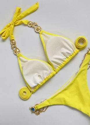 Catene di metallo con scollo all'americana Strass Diamante Bikini Costume da bagno donna Costumi da bagno femminili Due pezzi Bikini set Costume da bagno brasiliano Swim platinumshop