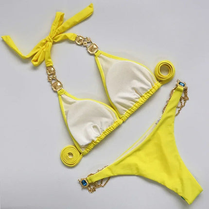 Catene di metallo con scollo all'americana Strass Diamante Bikini Costume da bagno donna Costumi da bagno femminili Due pezzi Bikini set Costume da bagno brasiliano Swim platinumshop