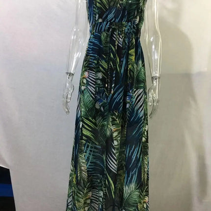 Abito da spiaggia da donna senza schienale con allacciatura Abito da spiaggia sexy con scollo a V Boho Abiti lunghi estivi Elegante stampa senza maniche Lady Maxi Dress Vestidos
