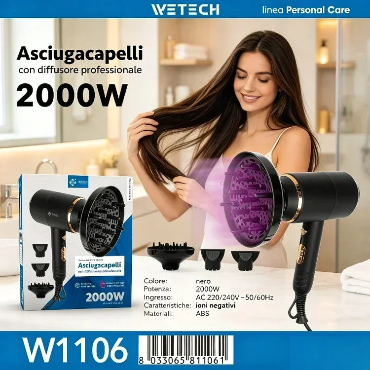 2000W Professional Negative Ionic Hair Dryer Hot Cold Air Adjustable Temperature Blow Dryer Salon Home Use With Nozzle/Diffuser Fast Drying