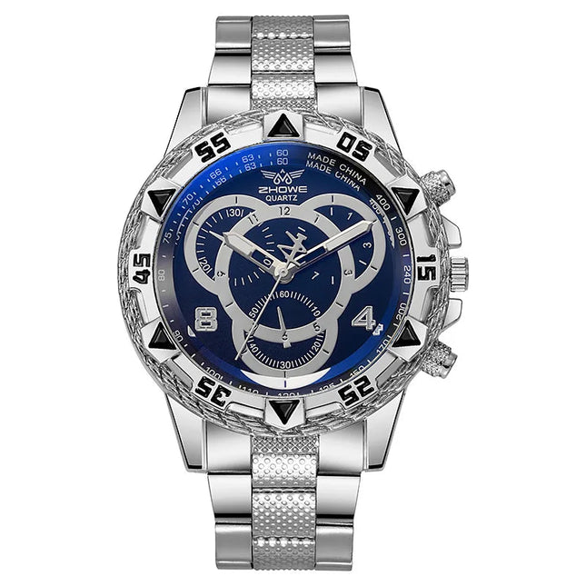 Orologio al quarzo da uomo di lusso Orologio da polso da uomo d'affari classico Quadrante grande Striscia di acciaio legato Orologio al quarzo da uomo a tre occhi con luce blu platinumshop