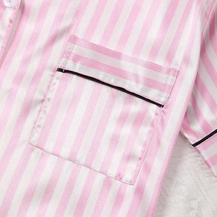 Pigiama da donna in raso di seta Set da studente a maniche corte Homewear Cardigan in due pezzi Risvolto Senso senior di strisce rosa di grandi dimensioni platinumshop