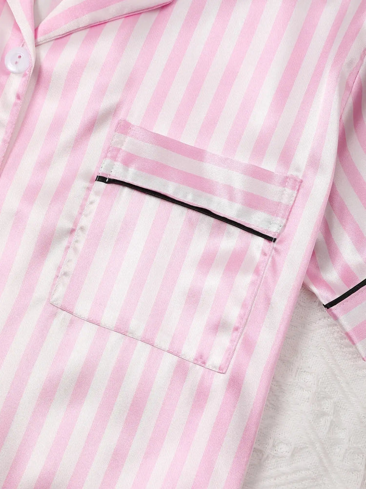 Pigiama da donna in raso di seta Set da studente a maniche corte Homewear Cardigan in due pezzi Risvolto Senso senior di strisce rosa di grandi dimensioni platinumshop